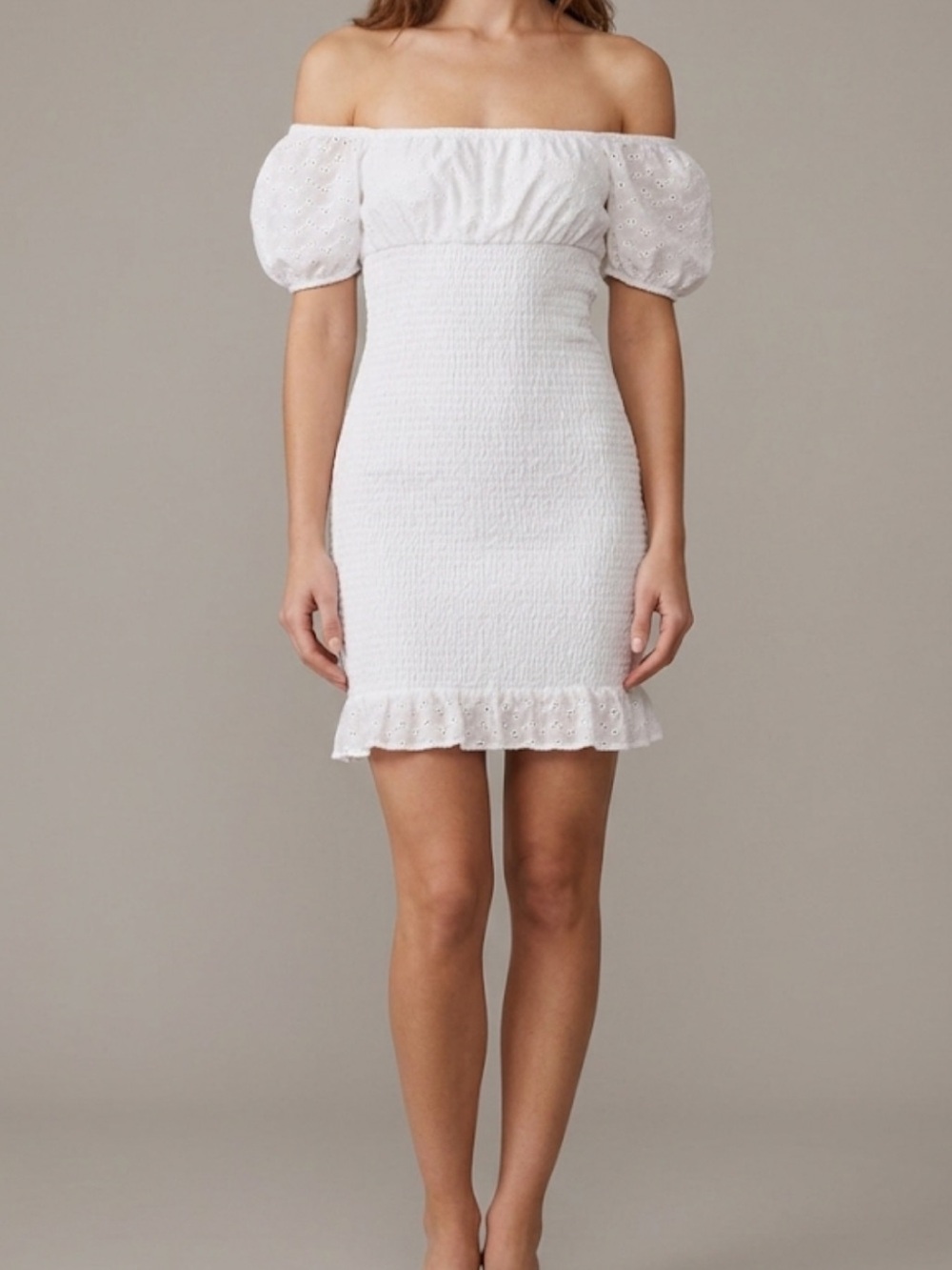 Like Yesterday. Smocked Eyelet Off The Shoulder White Dress